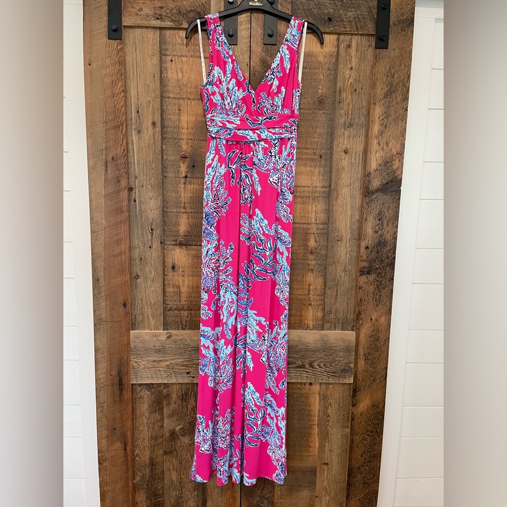 COPY - Lilly Pulitzer pink and blue coral sleeveless maxi dress.